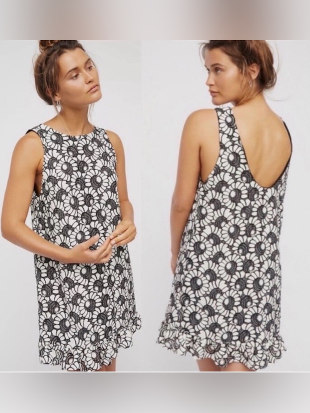 Free People Loretta Mini Dress Black and White Floral Daisy Embroidery sz Small